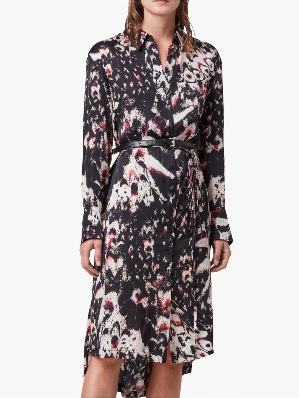 Allsaints Women's Black Abstract Print Shirt Dress with Pink Accents